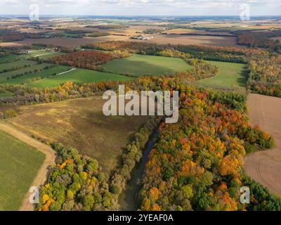 I colori autunnali dell'Ontario sono in autunno. Gli alberi vivaci creano una splendida tavolozza di colori per artisti. Veduta aerea che mostra le strade che attraversano il... Foto Stock