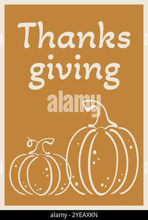 Buon giorno del Ringraziamento e poster autunnale di Hello. Sfondo elementi festivi. Modello per biglietti d'auguri, banner e Web design. Vettore delle vacanze autunnali Illustrazione Vettoriale