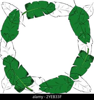 Cornice circolare in foglia tropicale estiva, sfondo con foglie di palma tropicale in grafica, foglie tropicali isolate su sfondo bianco. Il vettoriale Illustrazione Vettoriale