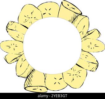 Cornice rotonda gialla composta da fette di banana grafiche. Illustrazione vettoriale. Adatto per la stampa, i social media e gli sfondi. Illustrazione Vettoriale