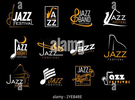 Icone della musica jazz con sassofono vettoriale, tromba, pianoforte, trombone e violoncello strumenti musicali, note e sagome di acuti. Concerti di band jazz, festival, eventi di night club e spettacoli dal vivo Illustrazione Vettoriale