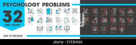 Problemi di psicologia e fobia umana icone di salute mentale, pittogrammi vettoriali. Fobia tipi di disturbi psicologici lofobia e traumafobia con musofobia e icone di linea radiofobia Illustrazione Vettoriale