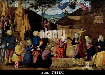 L'Adorazione dei Magi di Biagio d'Antonio, 1446-1516 Firenze Italia, fine XV secolo. Museo delle Belle Arti di Digione Francia ( Adorazione, Magi, Adorazione dei Re, Natività di Gesù, tre Magi, rappresentati come re, trovato Gesù seguendo una stella, giaceva davanti a lui doni d'oro, incenso e mirra, e lo adorava, Foto Stock