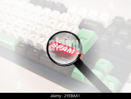 Lente d'ingrandimento che mette a fuoco la parola SPAM in rosso come tasto della tastiera Foto Stock
