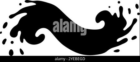 Il liquido nero che scorre aggraziatamente schizza e ruota in una forma ondulata, evocando movimento ed energia su sfondo bianco. Modello affascinante per la progettazione Illustrazione Vettoriale