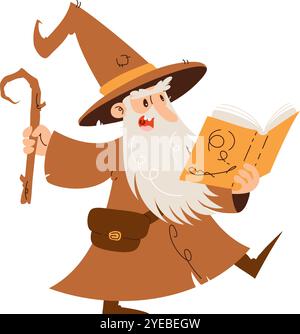 Giocosa illustrazione a fumetto di un mago con una lunga barba, leggendo un libro di incantesimi e tenendo in mano un bastone di legno, isolato sul bianco. Illustrazione Vettoriale