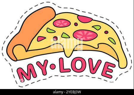 Questo adorabile disegno a cartoni animati presenta una singola fetta di pizza con formaggio fuso e le dolci parole che il mio amore ha scritto sotto. Perfetto per l'aggiunta Illustrazione Vettoriale