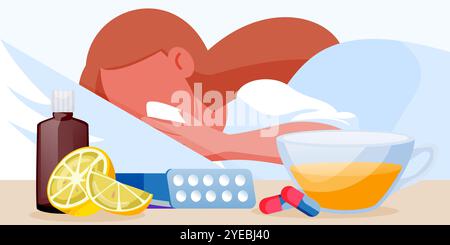 Trattamento di malattie virali stagionali concetto. Illustrazione del cartone animato piatto vettoriale di donna ammalata di influenza sdraiata a letto. Farmacia online, banner farmacia, posta Illustrazione Vettoriale