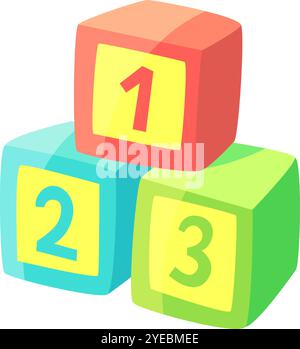 Tre blocchi di giocattoli colorati che formano una sequenza numerica, che rappresentano l'educazione della prima infanzia, il conteggio e l'apprendimento giocoso Illustrazione Vettoriale