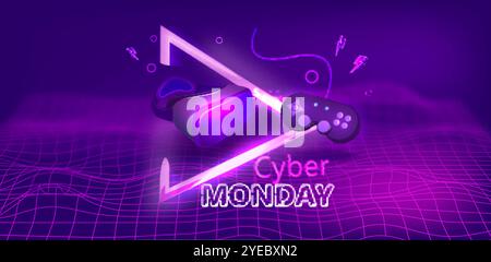 Modello di design per banner Cyber Monday sale per pubblicità, Web, social media. Testo e titolo con effetto luce al neon. Illustrazione vettoriale Illustrazione Vettoriale