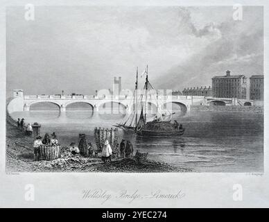 Wellesley Bridge (Sarsfield Bridge), Limerick, Contea di Limerick, Irlanda, incisione d'epoca dal 1840. Artista William Henry Bartlett. Foto Stock