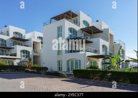 Una splendida villa si erge alta sotto il cielo limpido, sfoggiando un'architettura elegante e una vibrante vegetazione. Foto Stock