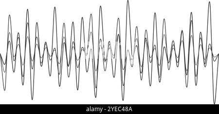 Le linee oscillanti creano un'onda sonora astratta su sfondo bianco, con un moderno design minimalista in tonalità grigie, che trasmette comunicazione e tecnologia Illustrazione Vettoriale
