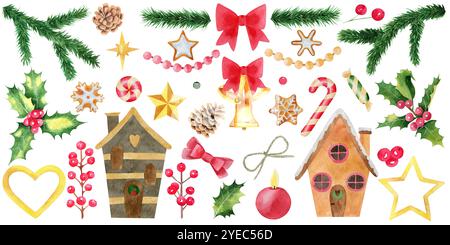 Set natalizio di case carine, rami di alberi di natale ed elementi natalizi. Illustrazione delle vacanze in acquerello isolata su sfondo bianco. Foto Stock