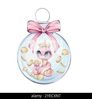 Adorabile e carino serpente rosa in un bellissimo ornamento circondato da monete d'oro e un arco. Symbol Wealth of Chines New Year 2025 in simpatico stile cartoni animati per Illustrazione Vettoriale