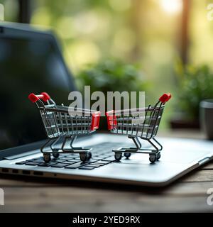 Concetto di hopping online - confezioni di carta o pacchi con il logo di un carrello in un carrello su una tastiera di un computer portatile. Servizio di shopping online. offe Foto Stock