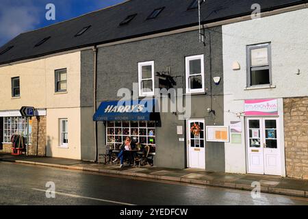 Donna bionda all'Harry's Café sulla High Street e sulla strada principale che attraversa Cowbridge, vale of Glamorgan, Galles del Sud, Regno Unito. Ottobre 2024. Autunno Foto Stock