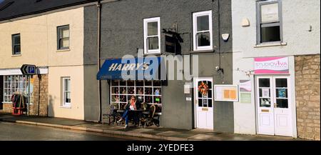 Donna bionda all'Harry's Café sulla High Street e sulla strada principale che attraversa Cowbridge, vale of Glamorgan, Galles del Sud, Regno Unito. Ottobre 2024. Autunno Foto Stock