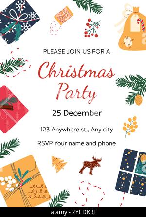 Volantino di Natale con invito per feste disegnato a mano. Design con confezioni regalo su sfondo bianco. Illustrazione vettoriale Illustrazione Vettoriale