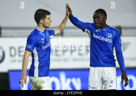 Beveren WAAS, Belgio. 30 ottobre 2024. Jarne Steuckers di Genk festeggia dopo aver segnato durante una partita di calcio tra il club di seconda divisione SK Beveren e il club JPL KRC Genk, mercoledì 30 ottobre 2024 a Beveren-WAAS, nel primo turno su 16 della coppa di calcio belga "Croky Cup". BELGA FOTO DAVID PINTENS credito: Belga News Agency/Alamy Live News Foto Stock