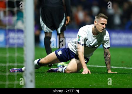 Emil Riis Jakobsen del Preston North End perde un'occasione durante la partita del quarto turno della Carabao Cup a Deepdale, Preston. Data foto: Mercoledì 30 ottobre 2024. Foto Stock