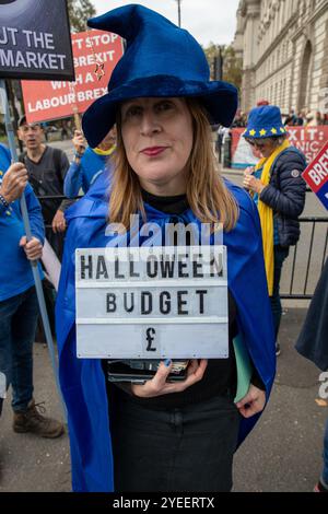 Londra, Regno Unito. 30 ottobre 2024. Un dimostratore anti-Brexit regge un cartello durante la dimostrazione del giorno del budget. Mentre la cancelliera laburista Rachel Reeves consegna il primo bilancio laburista per 14 anni, le proteste si tengono al di fuori delle camere del Parlamento. La prima cancelliera donna del Regno Unito ha ripetutamente avvertito degli elevati aumenti delle tasse e dei tagli al bilancio fino a 40 miliardi di sterline. Gruppi tra cui aboliscono la monarchia, i diritti dei pensionati e i manifestanti anti anti-Brexit occupano la piazza del Parlamento quando il bilancio viene consegnato ai parlamentari e al paese. Credito: SOPA Images Limited/Alamy Live News Foto Stock