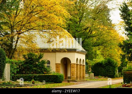 Edificio in stile neo-romanico della vecchia sala lutto del 1881 presso il cimitero Melaten di Colonia ora utilizzato come columbarium in umore autunnale Foto Stock