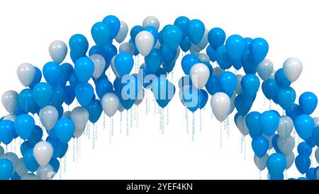 Arco a palloncino blu e bianco decorativo su sfondo bianco. Lo sfondo delle celebrazioni di compleanno Foto Stock