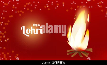 Buon festival indiano Lohri festivo, falò luminoso. Gratitudine per il raccolto. Progettare il poster del banner della scheda di invito. Illustrazione vettoriale. Illustrazione Vettoriale