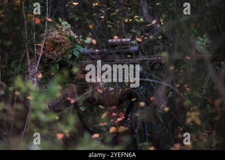 U.S. Army SPC. Drew Topp, un cecchino con Headquarters and Headquarters Company, 81st Stryker Brigade Combat Team, Washington National Guard, guarda attraverso la portata di un fucile di precisione MK22 dalla sua posizione di tiro finale durante una pista di stalk infiltrazione sulla Joint base Lewis-McChord, Washington, 19 ottobre 2024. I cecchini sono stati fatti cadere in punti designati della griglia e poi si sono spostati in avanti verso due osservatori, utilizzando la vegetazione naturale per evitare il rilevamento. (Foto della Guardia Nazionale dell'Esercito degli Stati Uniti di staff Sgt. Adeline Witherspoon) Foto Stock