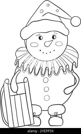 Un pupazzo di neve d'epoca in un fronzolo, stivali e un cappello reggono una slitta. Immagine vettoriale in bianco e nero disegnata a mano. Elemento natalizio per cartoline, stampe, striscioni e altri design Illustrazione Vettoriale