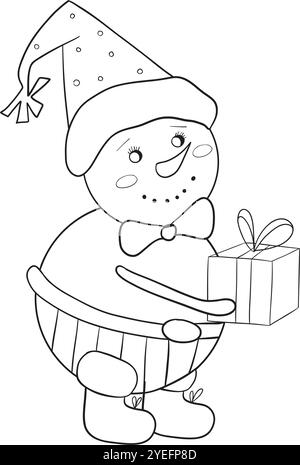 Il simpatico pupazzo di neve vintage con stivali, pantaloni e berretto regala un regalo. Illustrazione vettoriale in bianco e nero disegnata a mano in stile cartone animato. Elemento natalizio per cartoline, stampe, striscioni e altri design Illustrazione Vettoriale