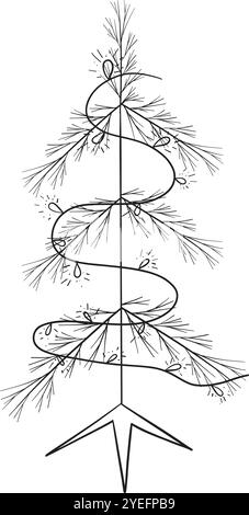 Albero di Capodanno con ghirlande. Illustrazione del contorno disegnata a mano, isolata in bianco e nero, monocromatica. Vettore. Per le carte, progettare. striscioni, inviti Illustrazione Vettoriale