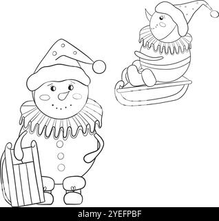 Set di pupazzi di neve d'epoca. Stanno facendo slittino. Illustrazione vettoriale in bianco e nero disegnata a mano in stile cartone animato. Elemento natalizio per cartoline, stampe, striscioni e altri design Illustrazione Vettoriale