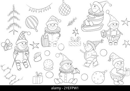 Pupazzi di neve, albero di Natale, regali, palle. Set di vettori natalizi disegnati a mano. Le illustrazioni sono in bianco e nero con elementi natalizi. Per disegni, schede, banner e altro ancora. Illustrazione Vettoriale