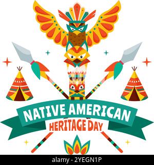 Illustrazione vettoriale della Festa del patrimonio nativo americano che celebra la cultura tribale indigena e le tradizioni in un sottofondo di cartone animato in stile piatto Illustrazione Vettoriale