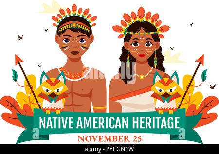 Illustrazione vettoriale della Festa del patrimonio nativo americano che celebra la cultura tribale indigena e le tradizioni in un sottofondo di cartone animato in stile piatto Illustrazione Vettoriale