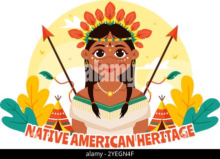 Illustrazione vettoriale della Festa del patrimonio nativo americano che celebra la cultura tribale indigena e le tradizioni in un sottofondo di cartone animato in stile piatto Illustrazione Vettoriale