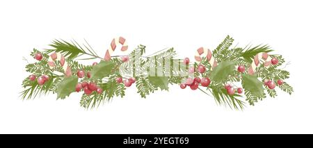 Decorazione ad acquerello con rami di Fir con ganci a righe di caramelle, bacche rosse, foglie di agrifoglio. Composizione natalizia per Stampa e Web Foto Stock
