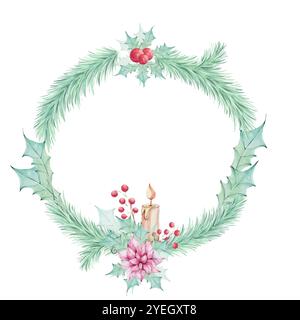 Cornice circolare di acquerello natalizio - branca di alberi, candela con abete, fiore rosso poinsettia e frutti di bosco, foglie verdi di agrifoglio. Composizioni dipinte a mano Illustrazione Vettoriale