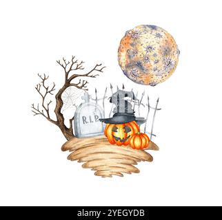 Lapide grigia su una collina, con albero, recinzione, luna e acquerello di zucca illustrazione di Halloween. Pietra funeraria isolata dallo sfondo. Concezione del design Foto Stock