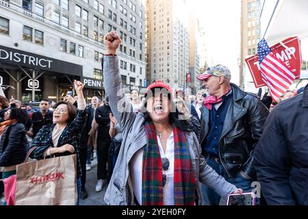 La folla si riunisce fuori dal Madison Square Garden a New York durante una manifestazione per il candidato presidenziale, Donald Trump, il 27 ottobre 2024 Foto Stock