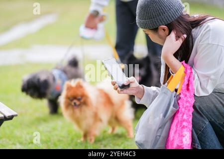 Un uomo coreano e una donna giapponese, entrambi di 30 anni e una coppia sposata, stanno godendo un brunch autunnale con tre cani in un elegante caffè situato in Foto Stock
