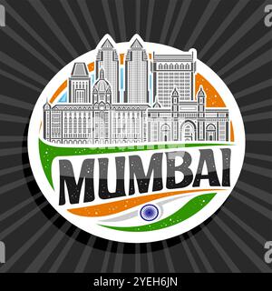 Logo vettoriale per Mumbai, etichetta decorativa bianca con illustrazione a linee del famoso paesaggio cittadino di mumbai sullo sfondo del cielo diurno, magnete per frigoriferi di design artistico Illustrazione Vettoriale