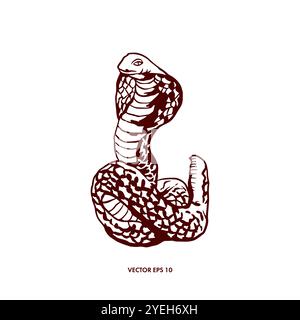 Serpente, cobra. Simbolo del nuovo anno. Illustrazione vettoriale disegnata a mano in stile grafico. Per la progettazione di cartoline, banner, tatuaggi, poster, inviti Illustrazione Vettoriale