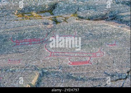 Incisioni rupestri a Himmelstalund a Norrkoping, Svezia. L'area è famosa per le sue 1700 incisioni rupestri risalenti all'età del bronzo, alcune delle quali si ritiene siano Foto Stock