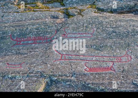 Incisioni rupestri a Himmelstalund a Norrkoping, Svezia. L'area è famosa per le sue 1700 incisioni rupestri risalenti all'età del bronzo, alcune delle quali si ritiene siano Foto Stock