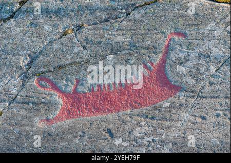 Incisioni rupestri a Himmelstalund a Norrkoping, Svezia. L'area è famosa per le sue 1700 incisioni rupestri risalenti all'età del bronzo, alcune delle quali si ritiene siano Foto Stock