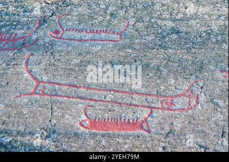 Incisioni rupestri a Himmelstalund a Norrkoping, Svezia. L'area è famosa per le sue 1700 incisioni rupestri risalenti all'età del bronzo, alcune delle quali si ritiene siano Foto Stock