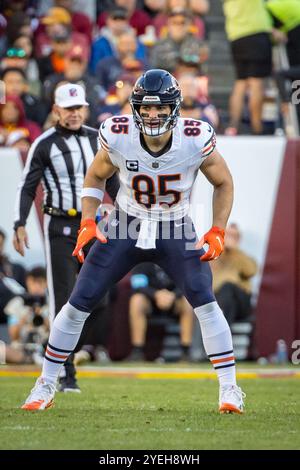 Landover, Maryland, Stati Uniti. 27 ottobre 2024. Il tight end dei Chicago Bears Cole Kmet (85) in azione durante la partita tra Chicago Bears e Washington Commanders giocata a Landover, Maryland. Cory Royster/Cal Sport Media/Alamy Live News Foto Stock